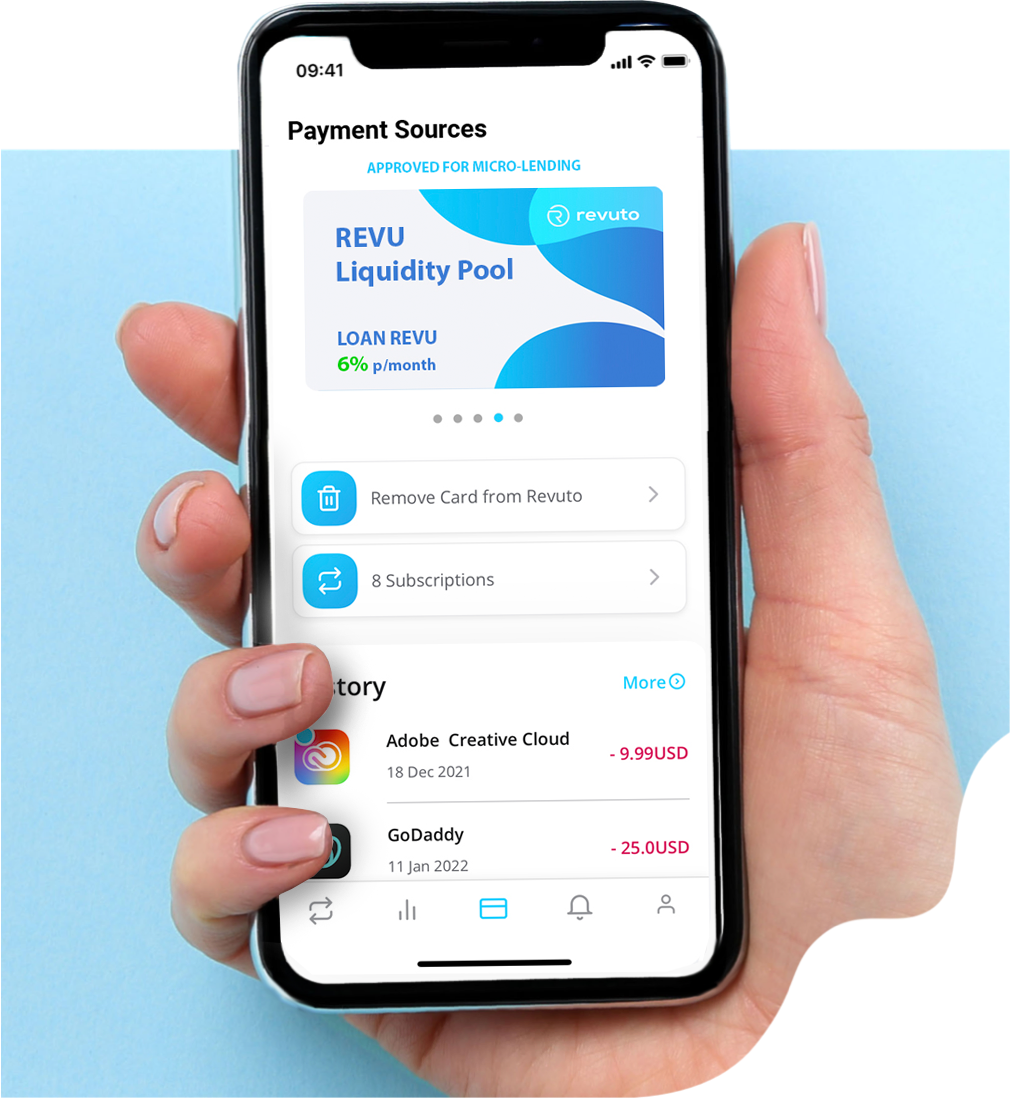 revuto screen with payment sources